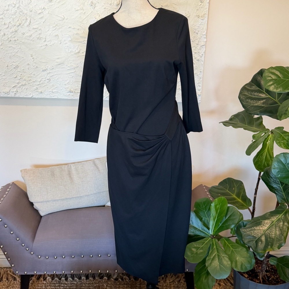 Escada Sheath Dress Women’s Draped Faux Wrap Long Sleeve High Neck Black Sz 40